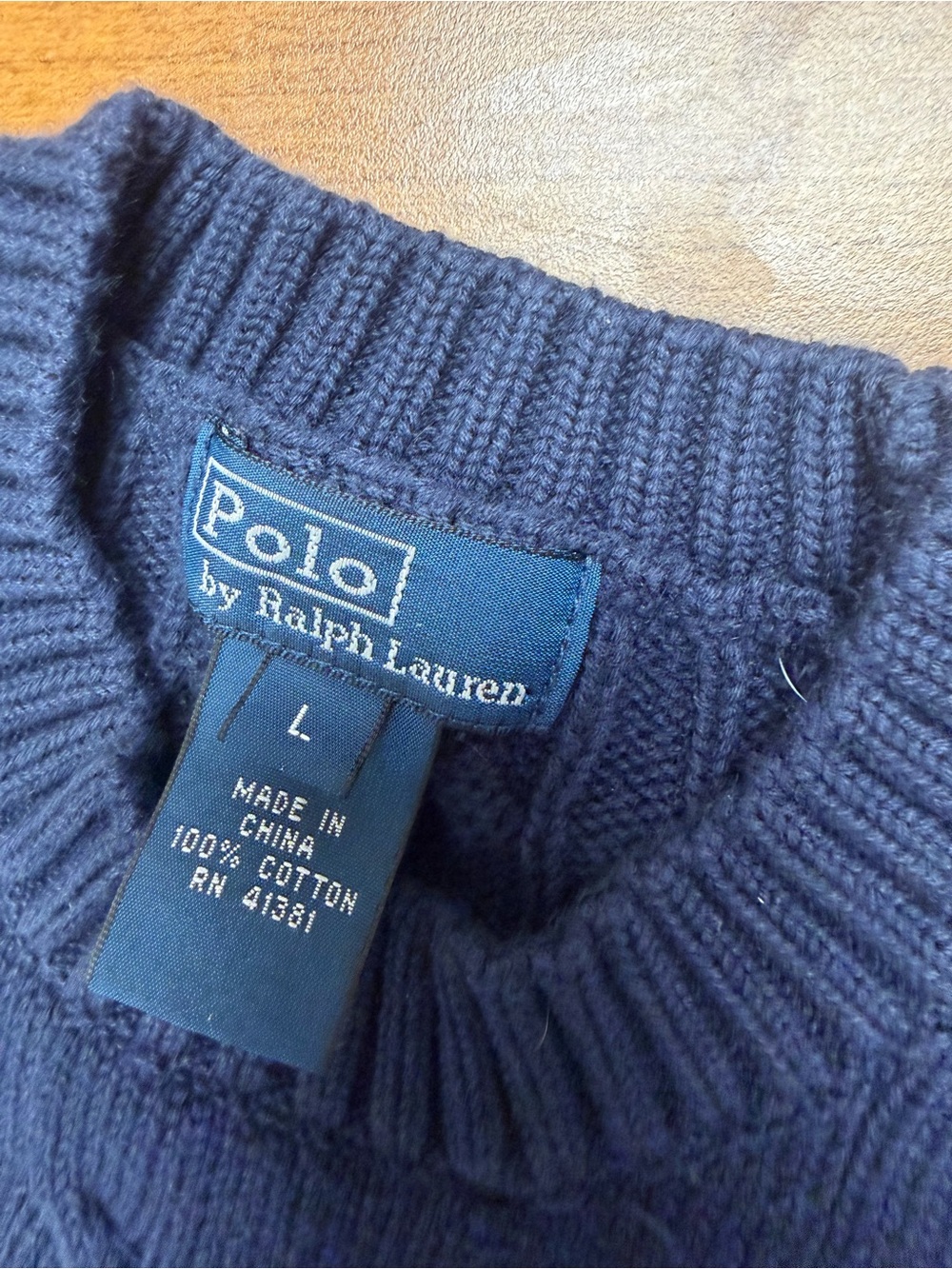 Ralph Lauren Navy Cable-Knit Crewneck Sweater with Red Pony - Picture 2 of 8